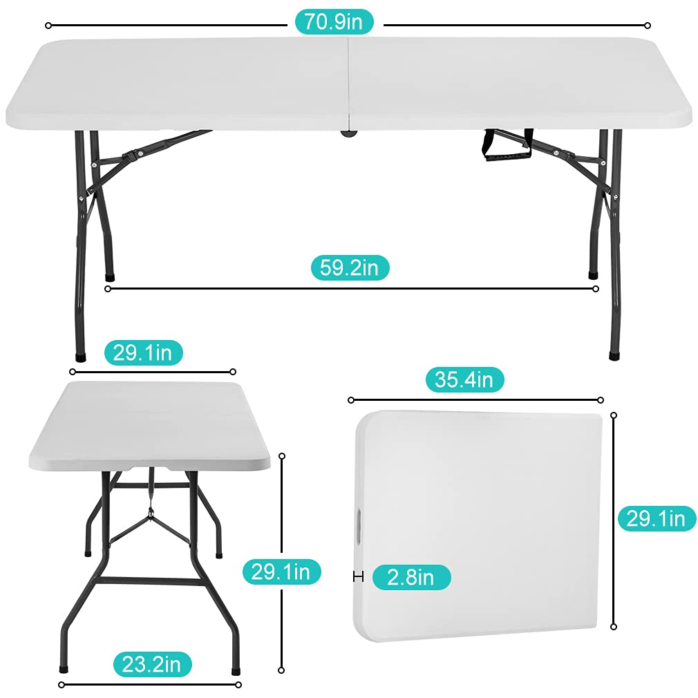 6 ft Folding Table Portable Heavy Duty Adjustable Height White Y709