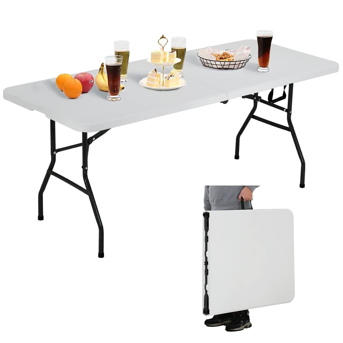 6 ft Folding Table Portable Heavy Duty Adjustable Height White Y709