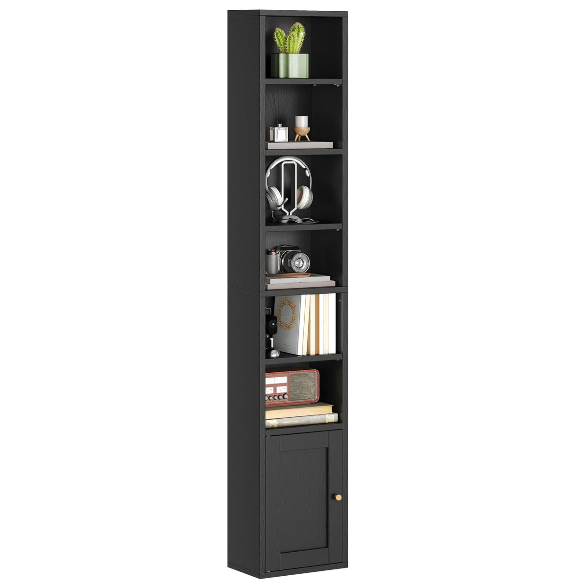 7-Tier Narrow Bookshelf with Door and Storage Cabinet, Black K959182