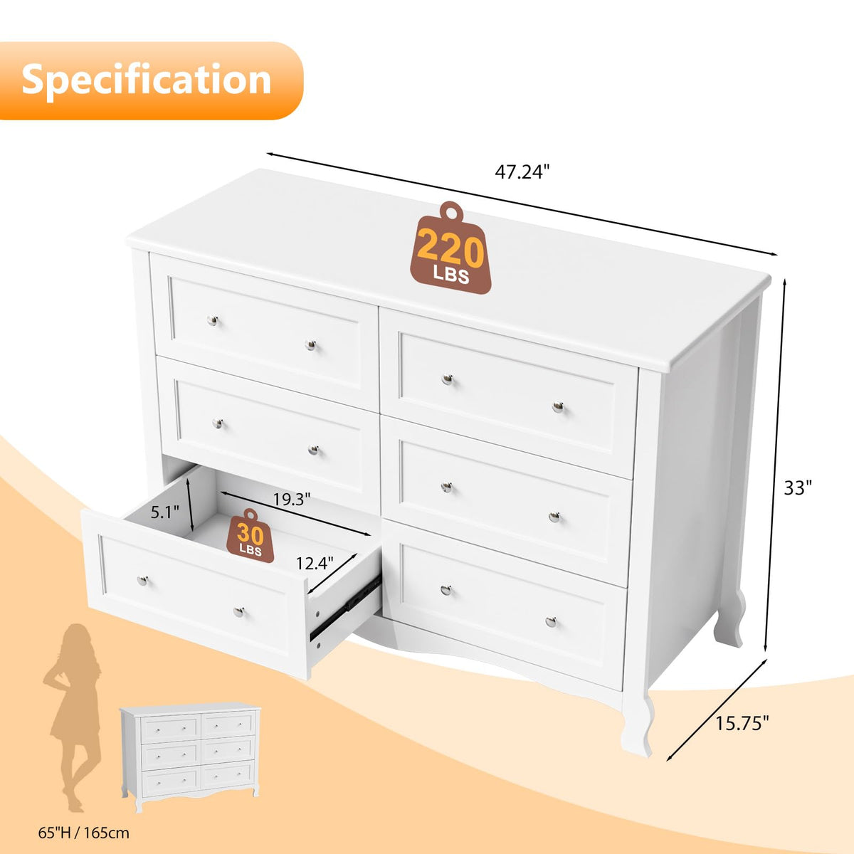 White 6 Drawer Wood Dresser with Curved Legs U22621