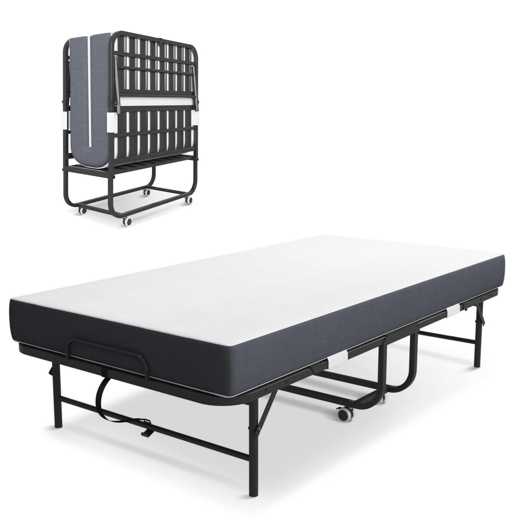 Folding Bed with Mattress, Twin Size Metal Bed Frame with Wheels L452994
