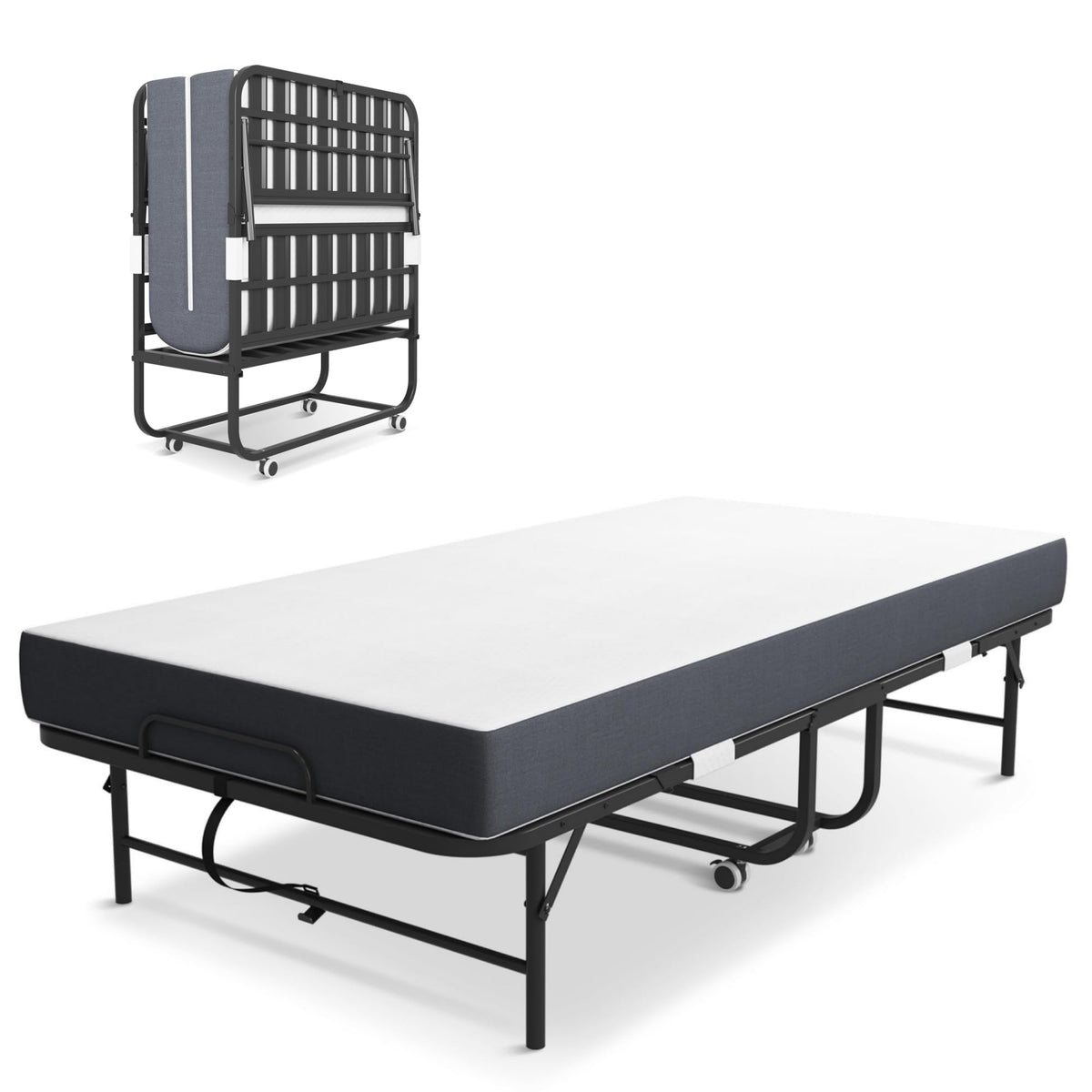 Folding Bed with Mattress, Twin Size Metal Bed Frame with Wheels L452994