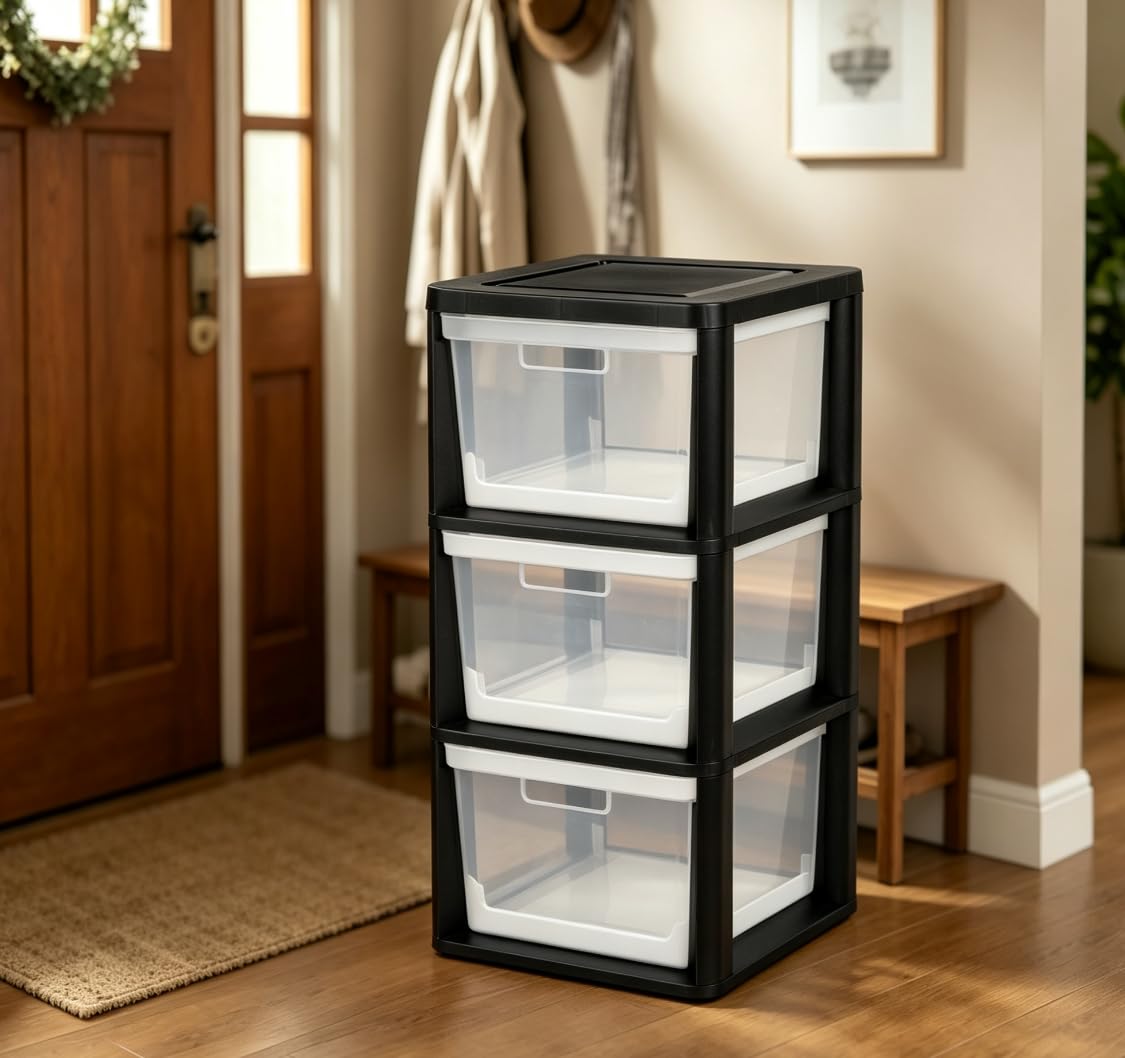 Black 3 Drawer Plastic Storage Tower with Clear Bins X588