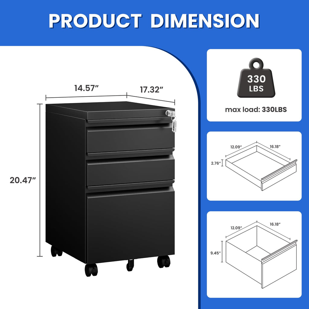 Black 3 Drawer Metal File Cabinet with Lock J880