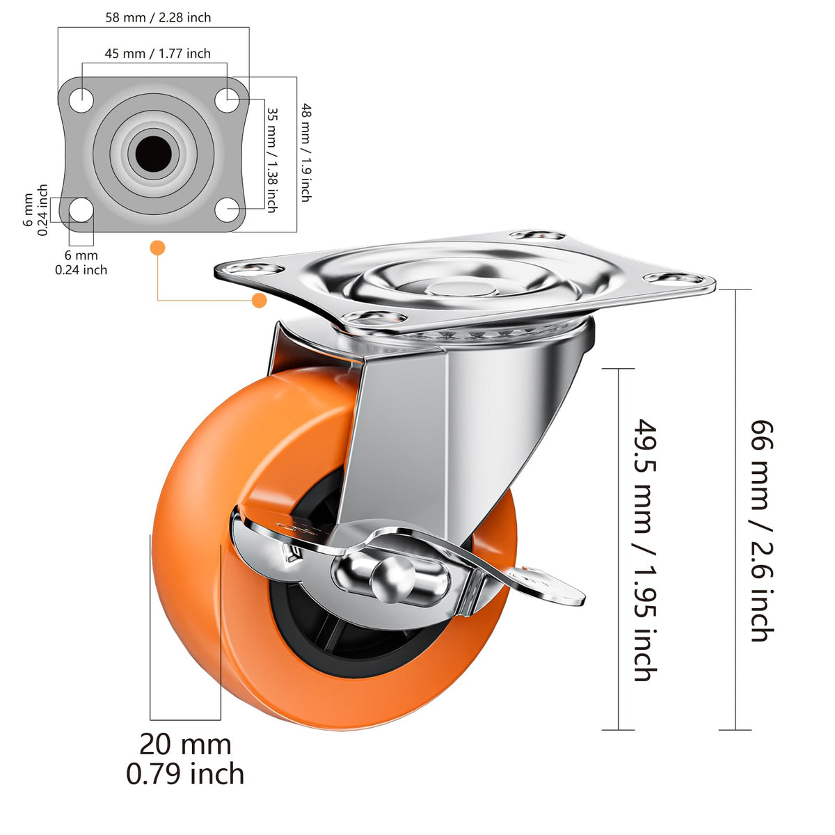 2" Plate Casters with Brake, 8 Pack PU Swivel Wheels T78983