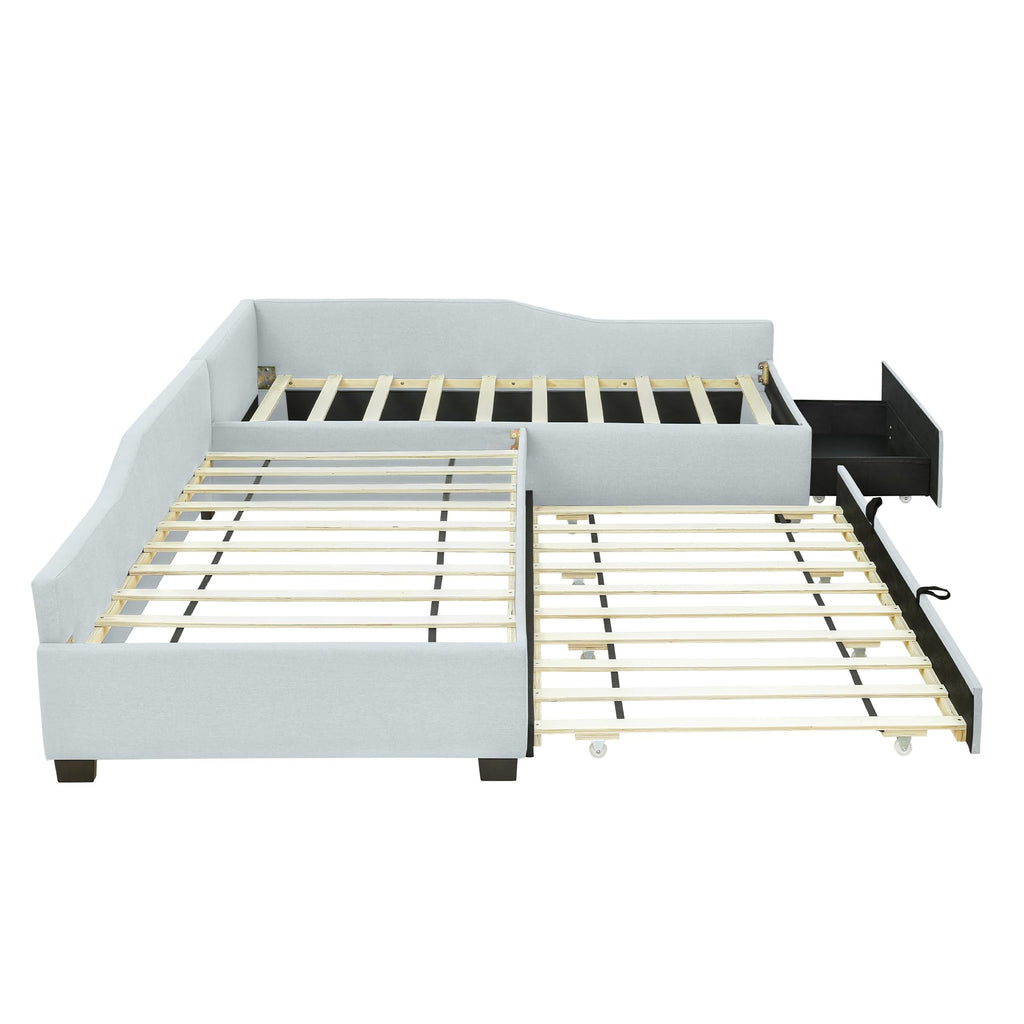 Double Twin Size L Shaped Upholstered Daybed with Trundle and Storage Drawer M917