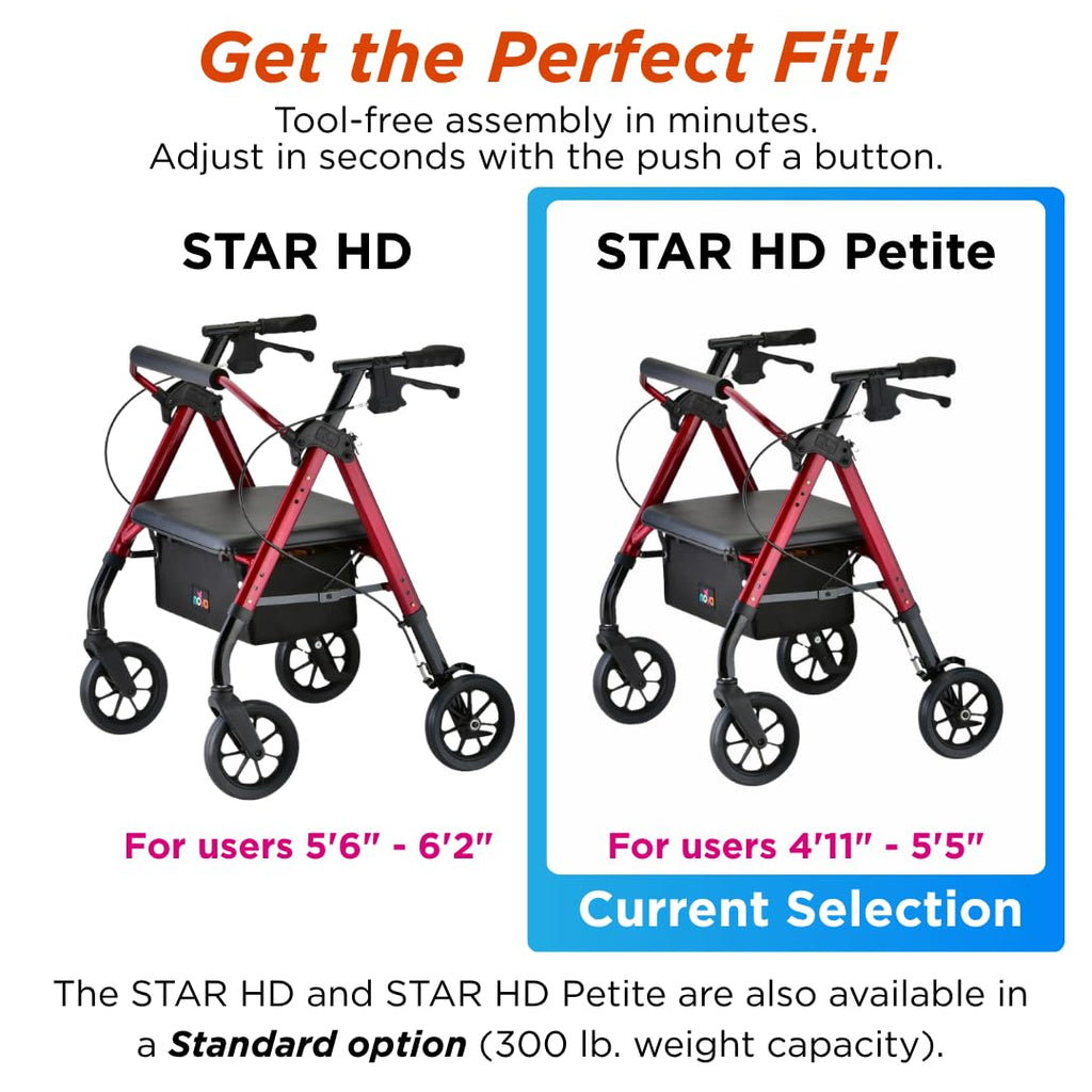 Heavy Duty Petite Rollator Walker with Padded Seat, 8" Wheels, Red O217