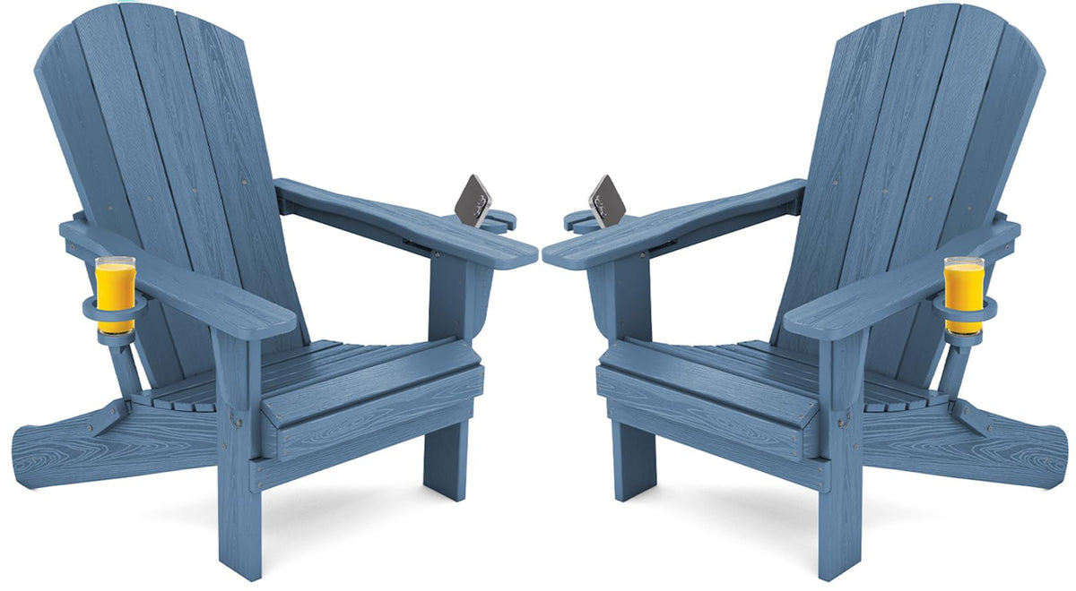 Blue Foldable Adirondack Chair Set of 2 with Cup Holders Q700