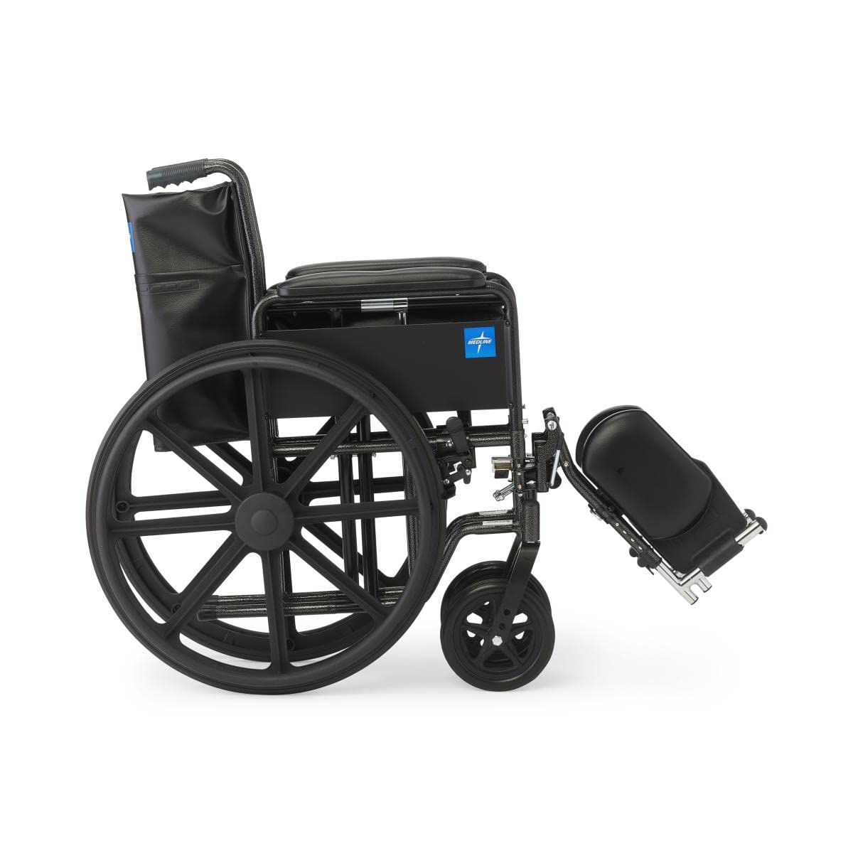 Vinyl Wheelchair with Full-Length Arms and Elevating Leg Rests, 18-Inch Wide Seat, Black G79105