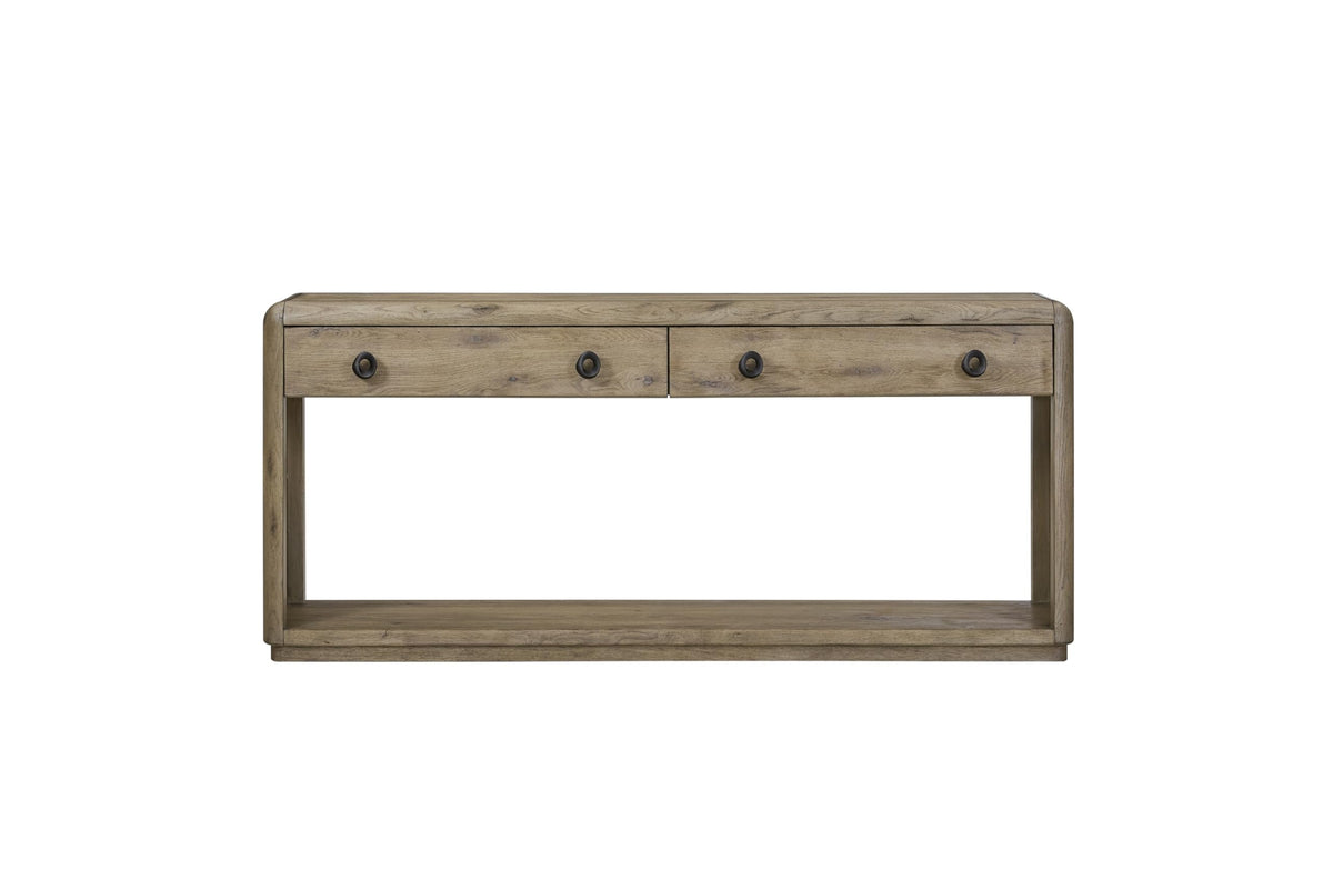 English Knotty Oak Console Table, Solid Wood and Engineered Wood Veneer, Two Self-Closing Drawers, Open Lower Shelf, Rounded Edges, 72 x 16 x 32.25 Inchs, Oak Finish S603510