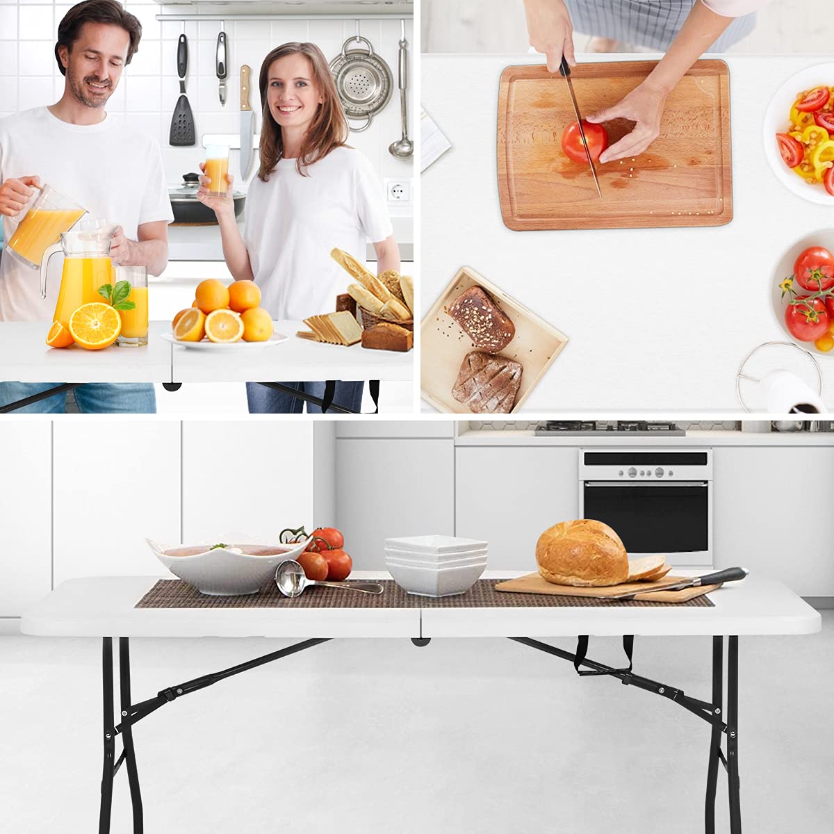 6 ft Folding Table Portable Heavy Duty Adjustable Height White Y709