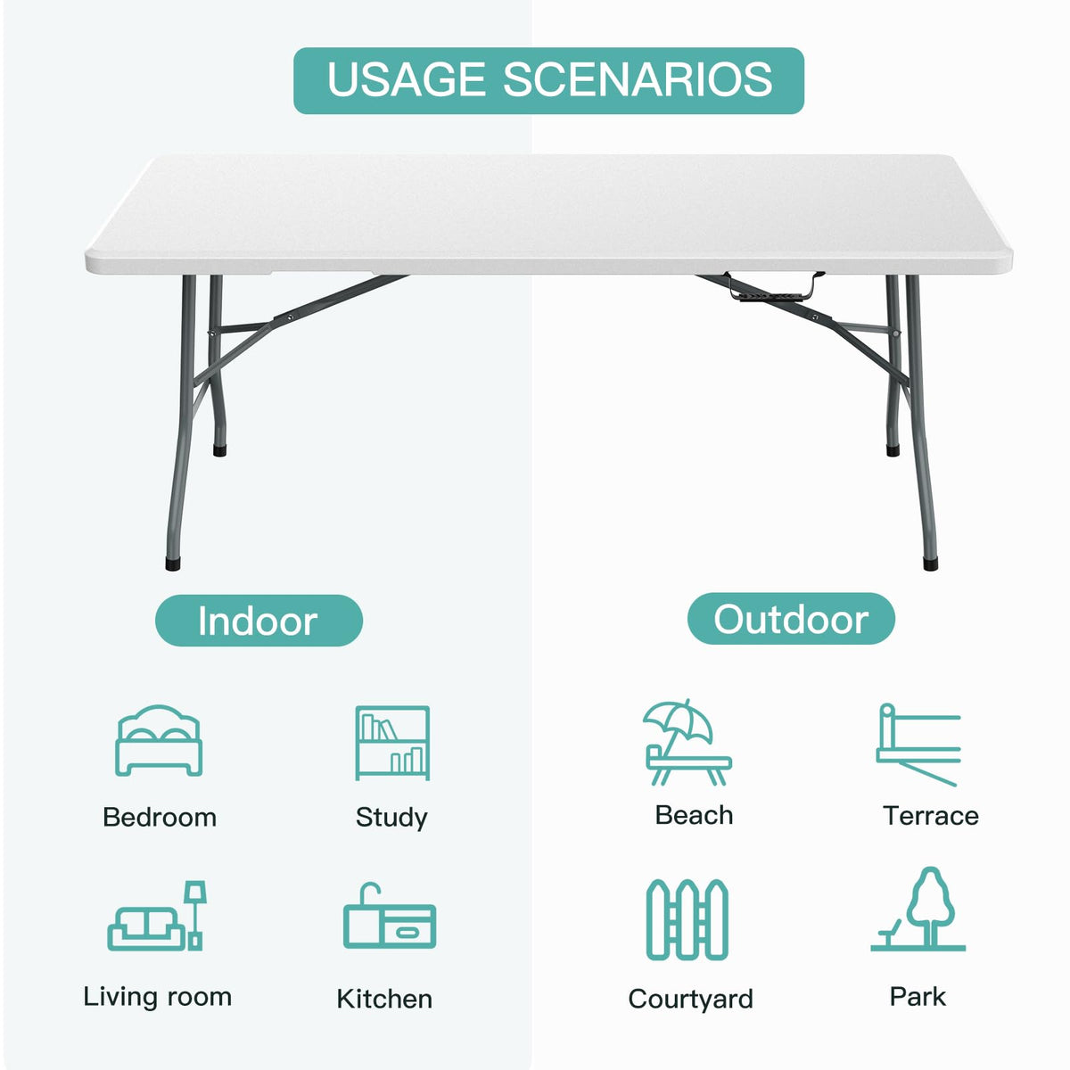 6 ft Portable Folding Table, Waterproof Top, 330 lb Capacity T2290