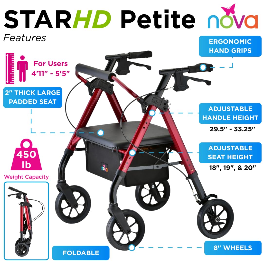 Heavy Duty Petite Rollator Walker with Padded Seat, 8" Wheels, Red O217