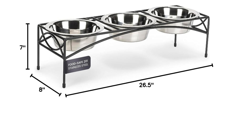Black Triple Bowl Dog and Cat Feeder Stand with 3-2 Qt Stainless Bowls R4809
