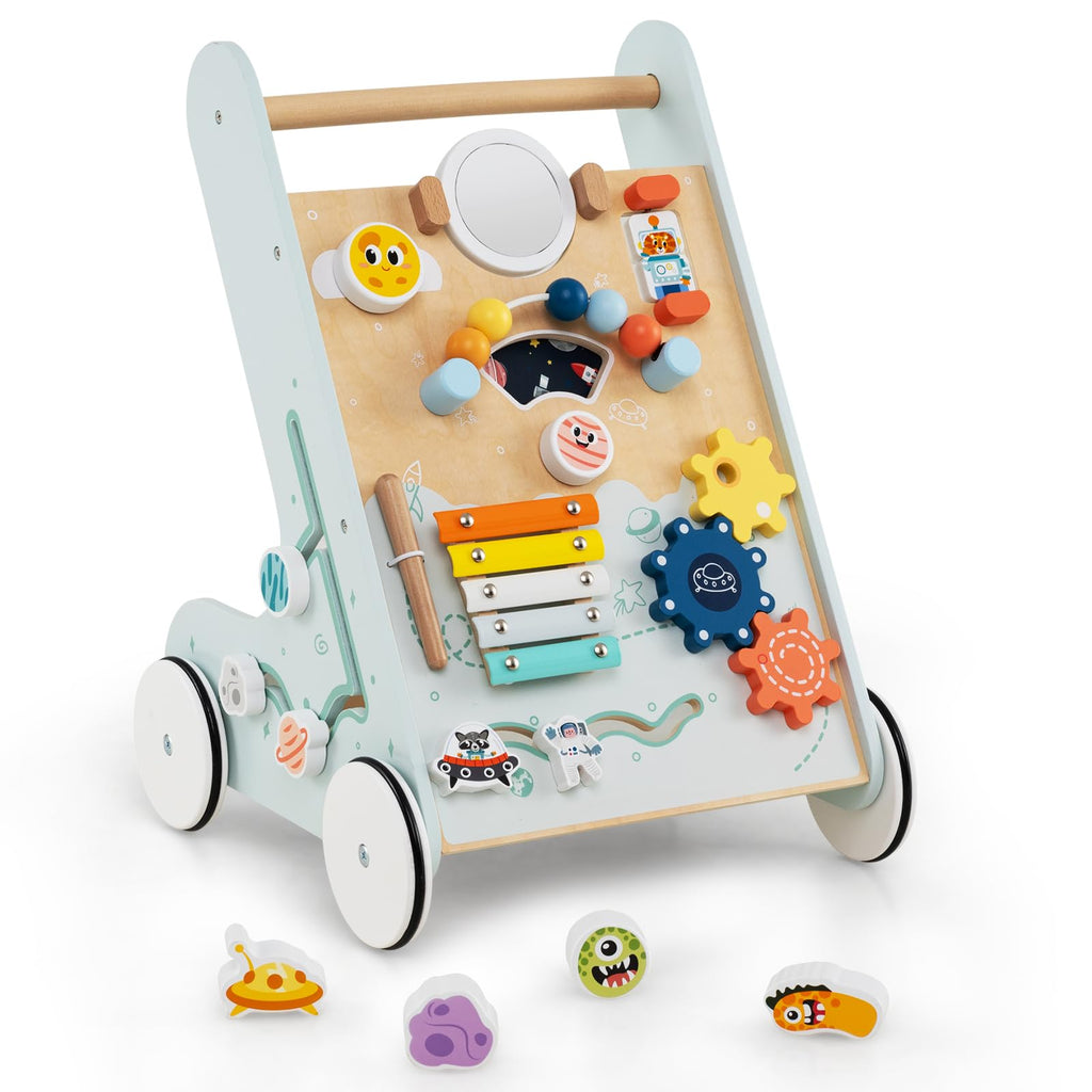 Wooden Baby Walker Push and Pull Learning Activity Center with Wheels Storage Green O86115