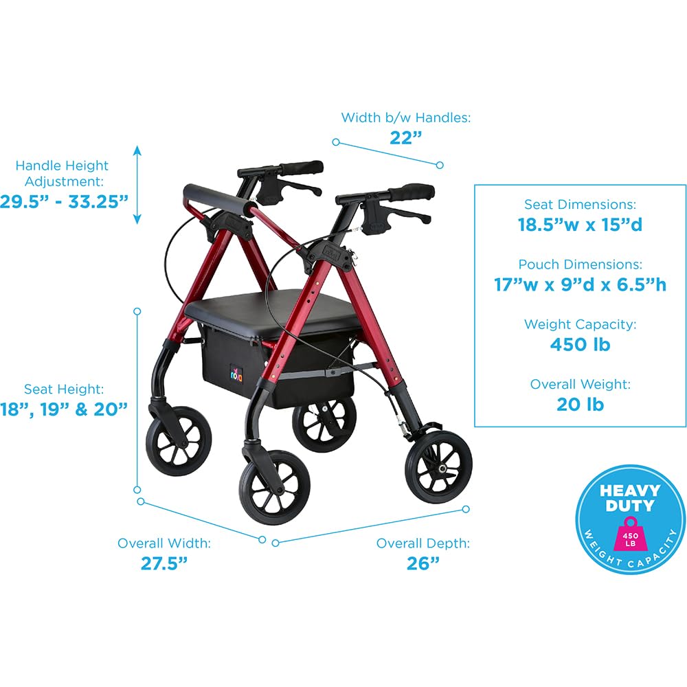 Heavy Duty Petite Rollator Walker with Padded Seat, 8" Wheels, Red O217