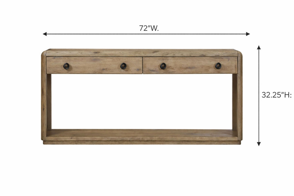English Knotty Oak Console Table, Solid Wood and Engineered Wood Veneer, Two Self-Closing Drawers, Open Lower Shelf, Rounded Edges, 72 x 16 x 32.25 Inchs, Oak Finish S603510