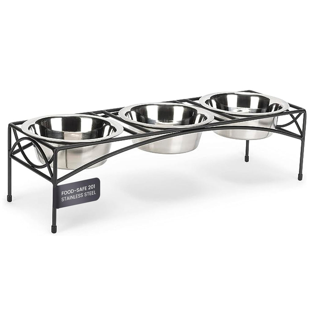 Black Triple Bowl Dog and Cat Feeder Stand with 3-2 Qt Stainless Bowls R4809