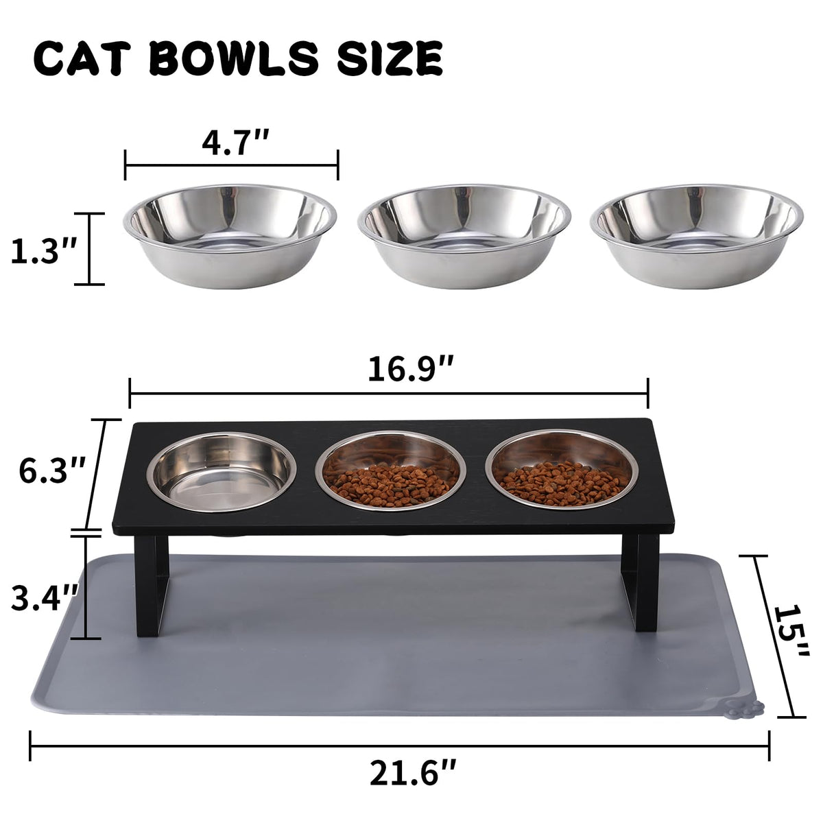 15° Tilted Stainless Steel Elevated Cat Bowls with Food Mat K18030