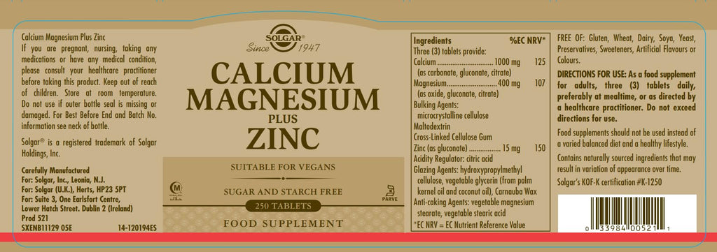Calcium Magnesium Plus Zinc 250 Tablets V442