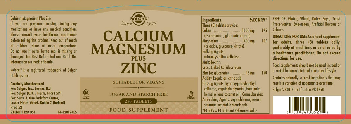 Calcium Magnesium Plus Zinc 250 Tablets V442