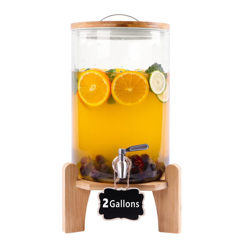 2 Gallon Glass Beverage Dispenser with Wood Stand and Stainless Steel Spigot T584