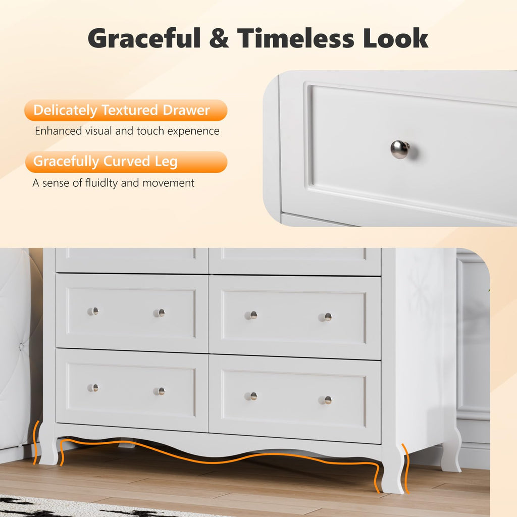 White 6 Drawer Wood Dresser with Curved Legs U22621