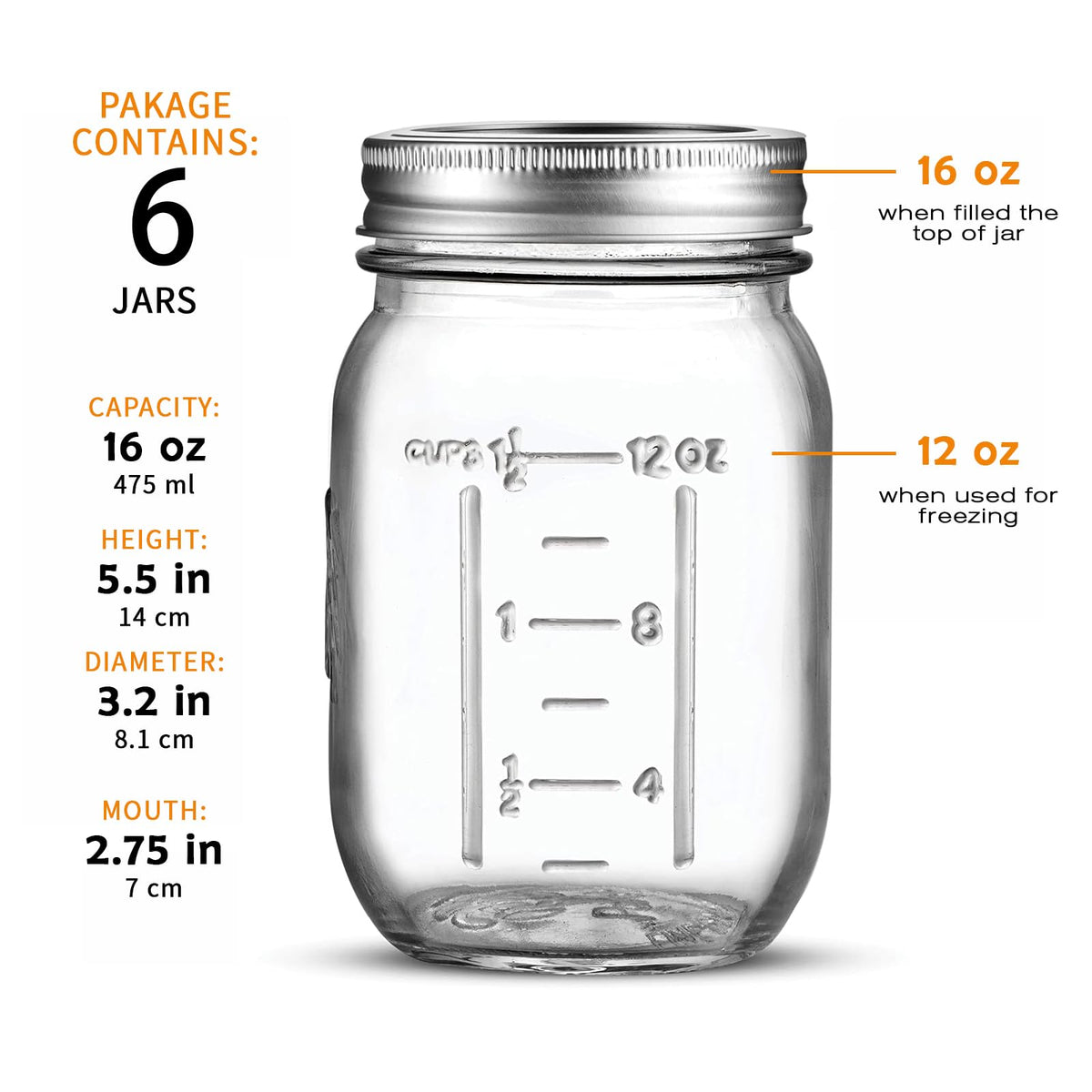 16 Oz 6 Pack Regular Mouth Mason Jars F37299