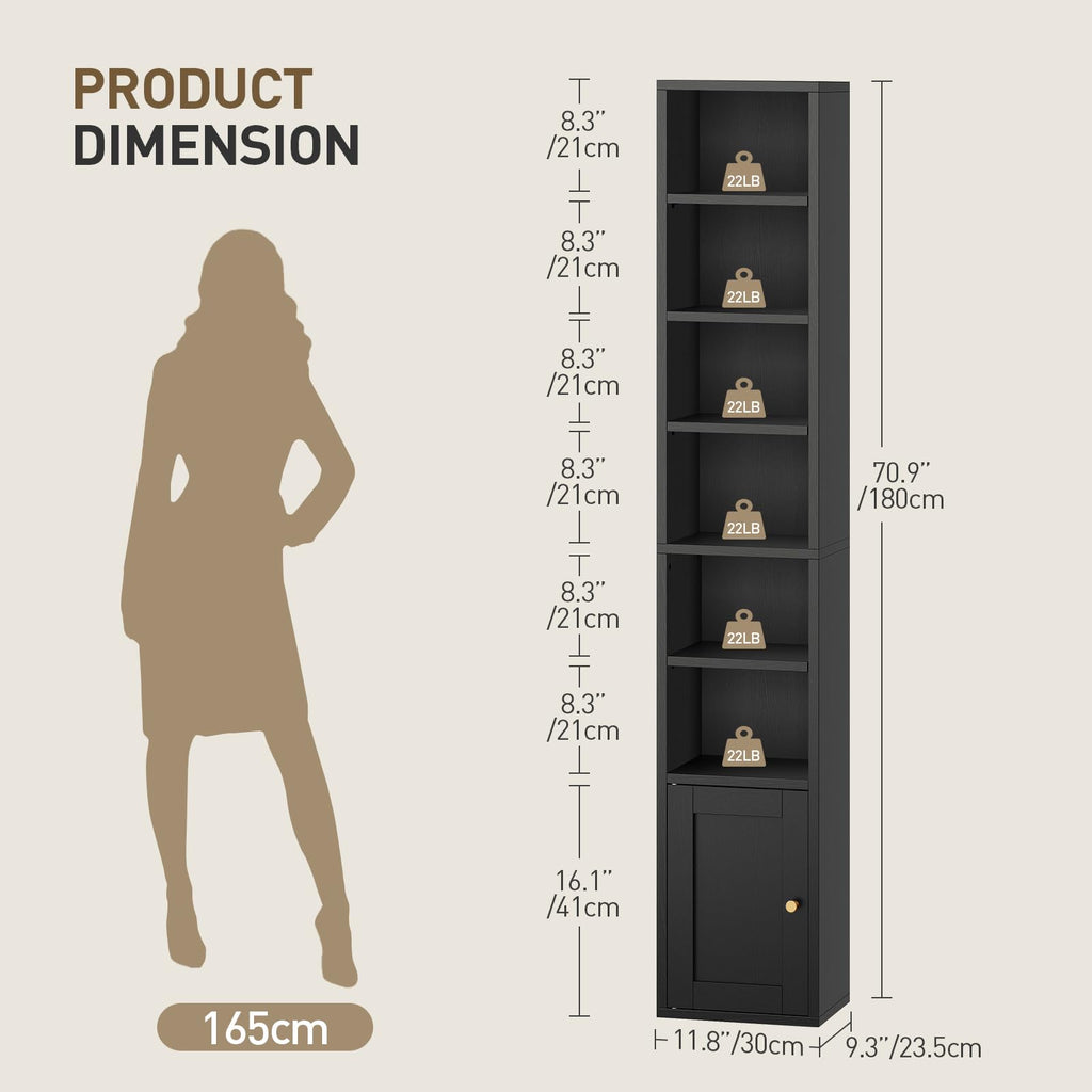 7-Tier Narrow Bookshelf with Door and Storage Cabinet, Black K959182