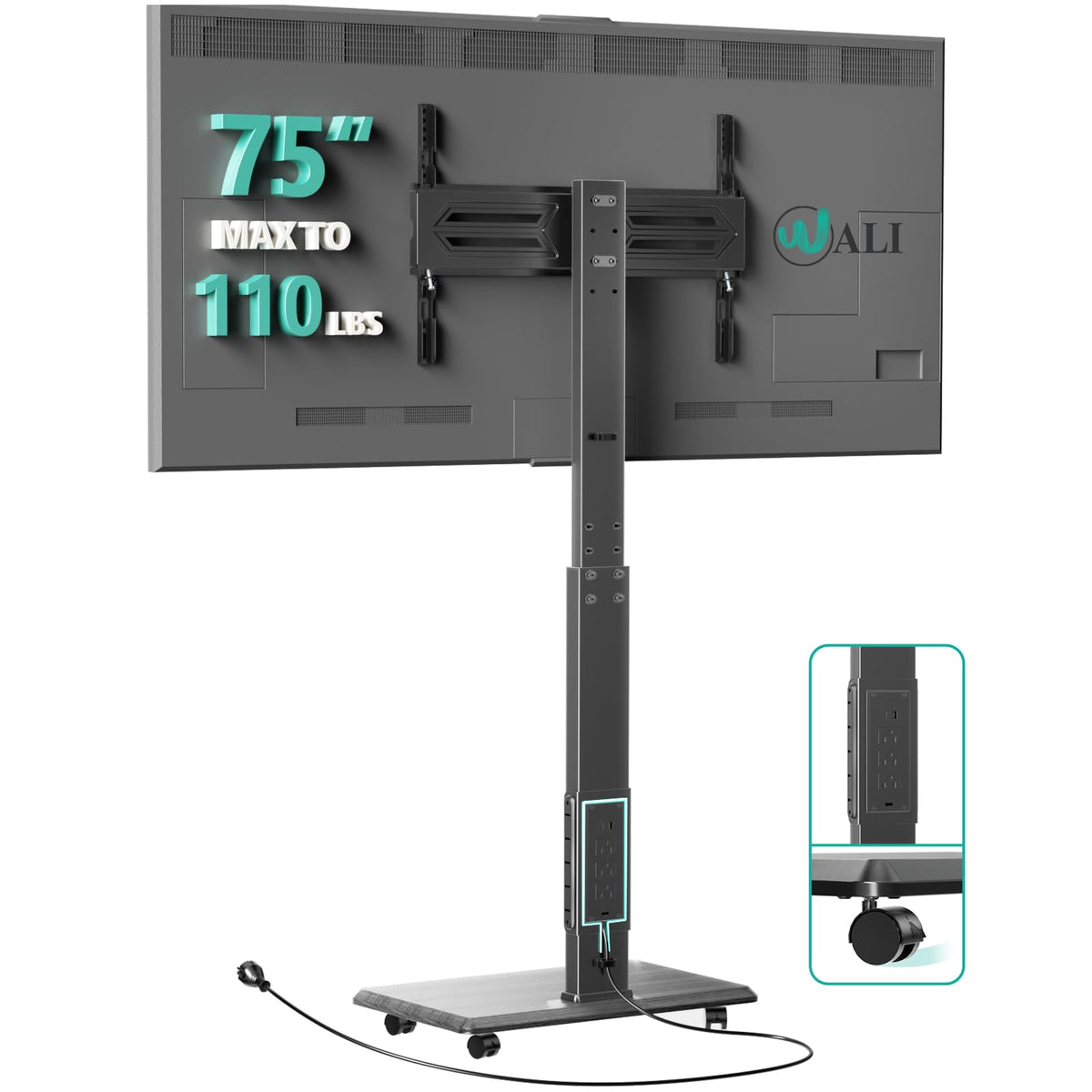 Rolling TV Stand with Power Outlet for 39-75 inch TV, Black O491