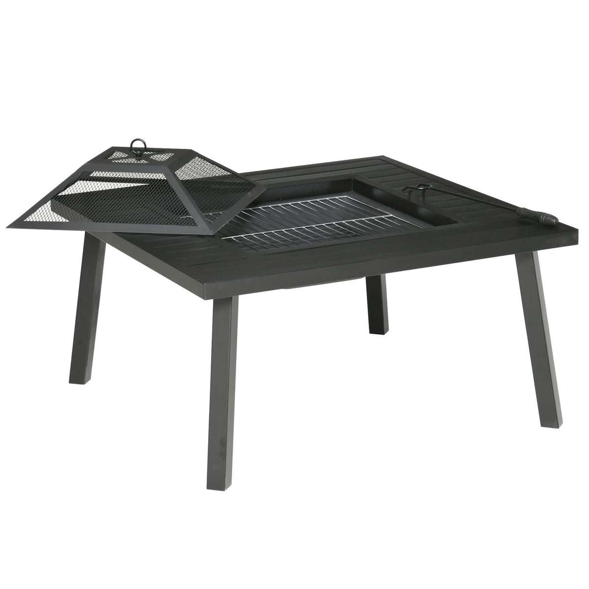 34" Fire Pit with Grill Spark Screen Poker Cover Black U8558