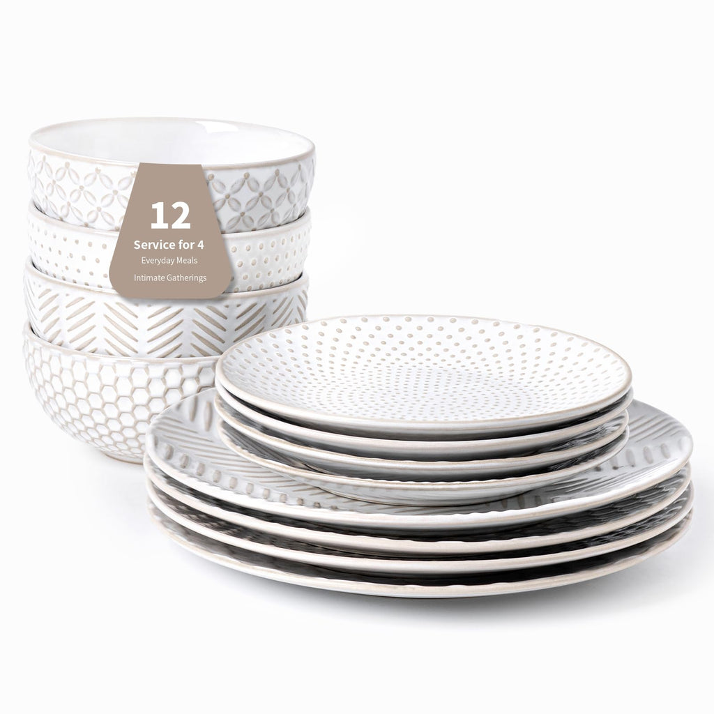 12 Piece Embossed Stoneware Dinnerware Sets for 4 N961082