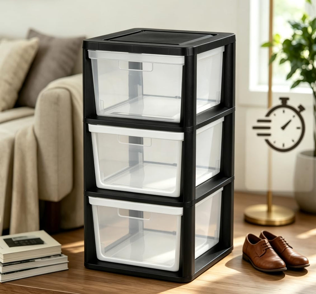 Black 3 Drawer Plastic Storage Tower with Clear Bins X588