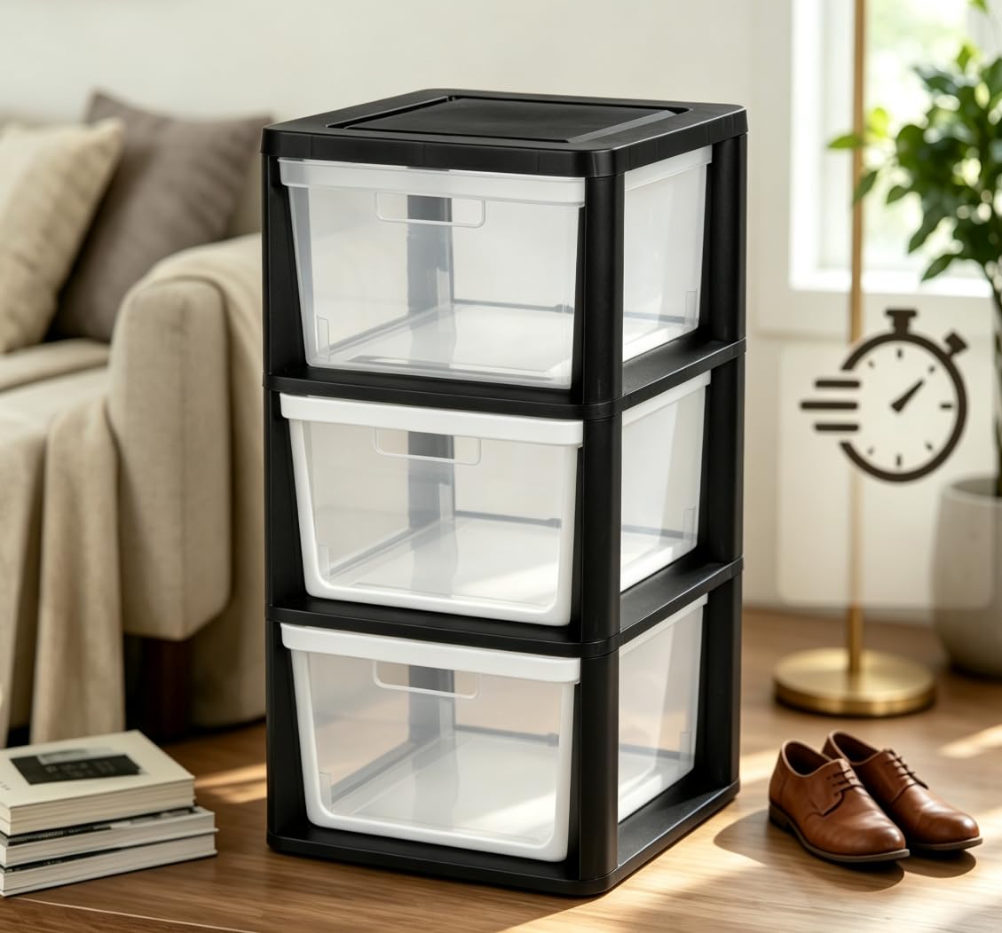 Black 3 Drawer Plastic Storage Tower with Clear Bins X588