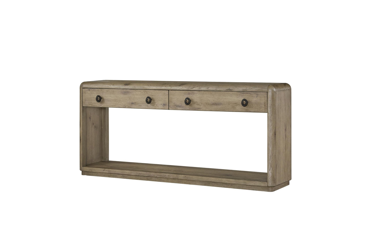 English Knotty Oak Console Table, Solid Wood and Engineered Wood Veneer, Two Self-Closing Drawers, Open Lower Shelf, Rounded Edges, 72 x 16 x 32.25 Inchs, Oak Finish S603510