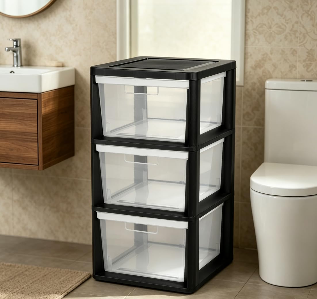 Black 3 Drawer Plastic Storage Tower with Clear Bins X588