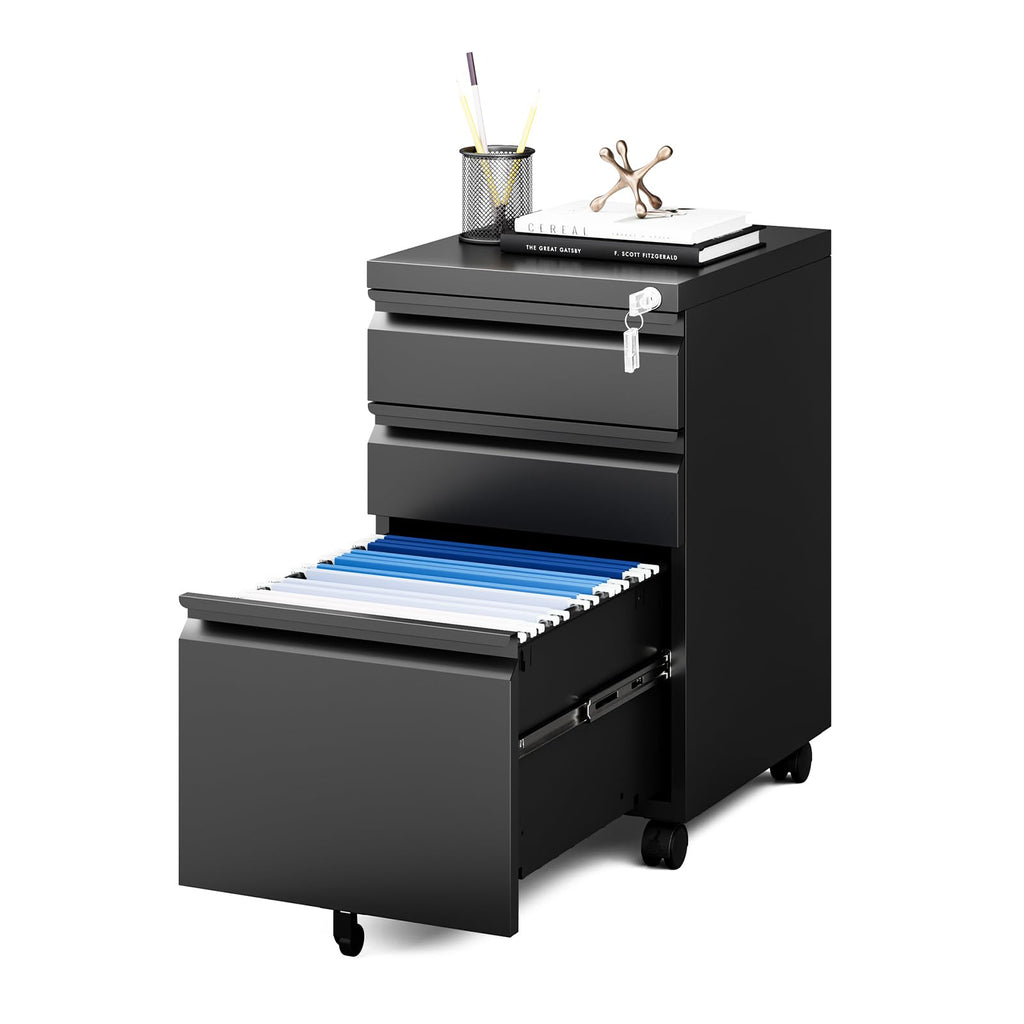 Black 3 Drawer Metal File Cabinet with Lock J880
