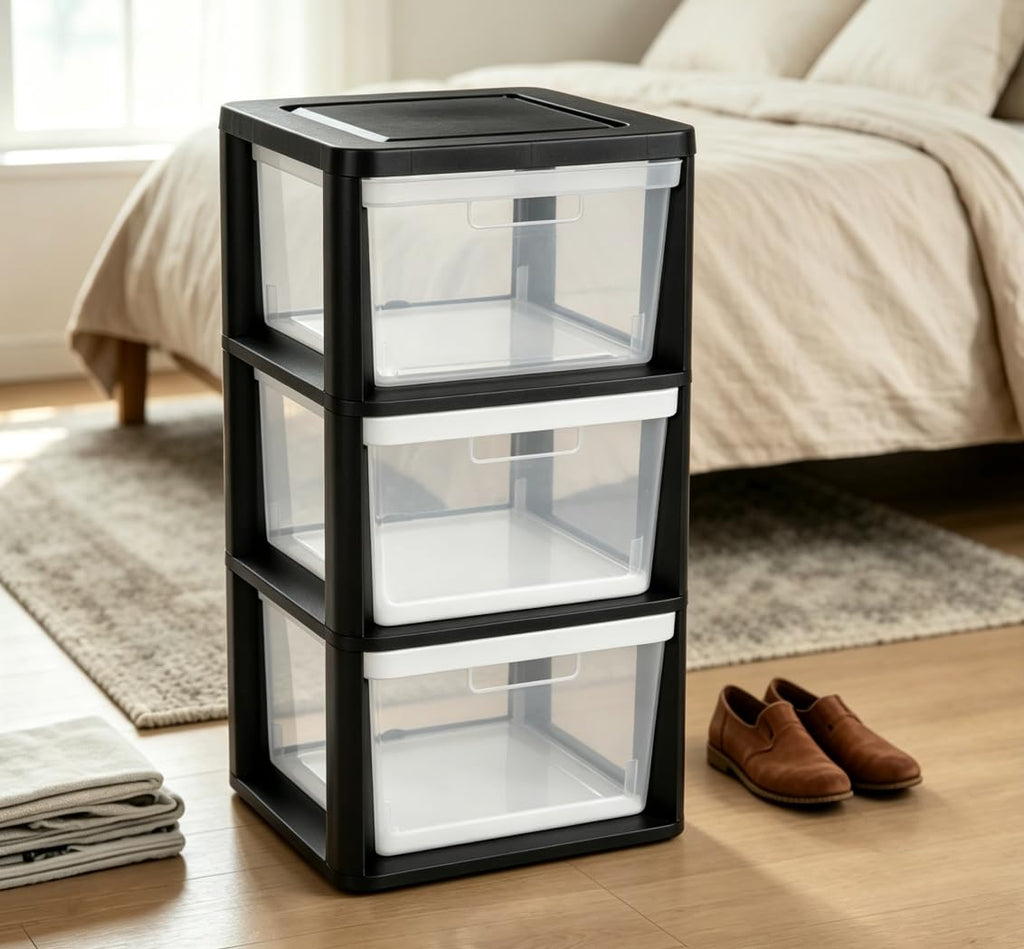 Black 3 Drawer Plastic Storage Tower with Clear Bins X588