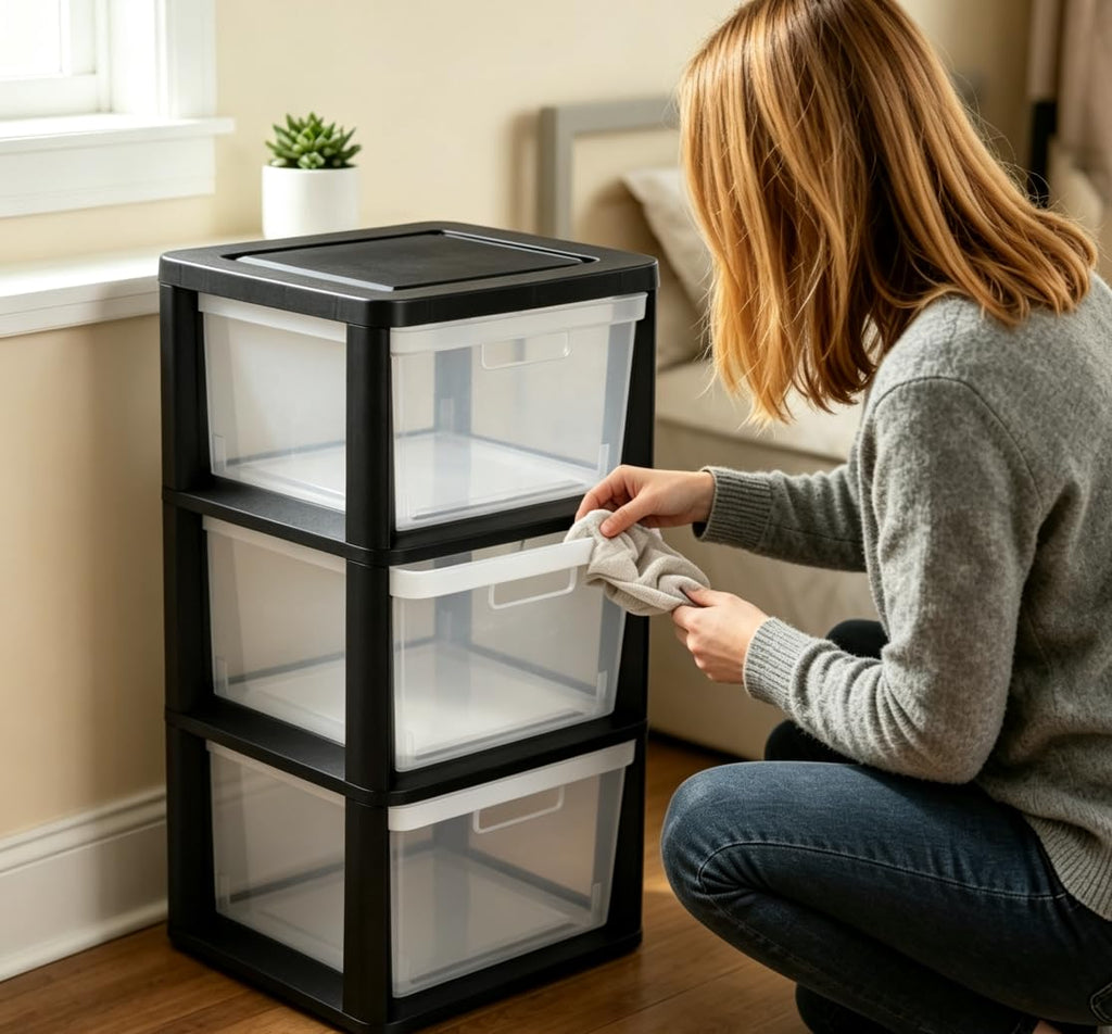 Black 3 Drawer Plastic Storage Tower with Clear Bins X588
