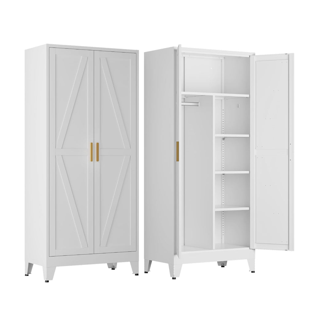 Metal Wardrobe Closet with Doors, 71'' Tall Steel Armoire with Shelves C77152