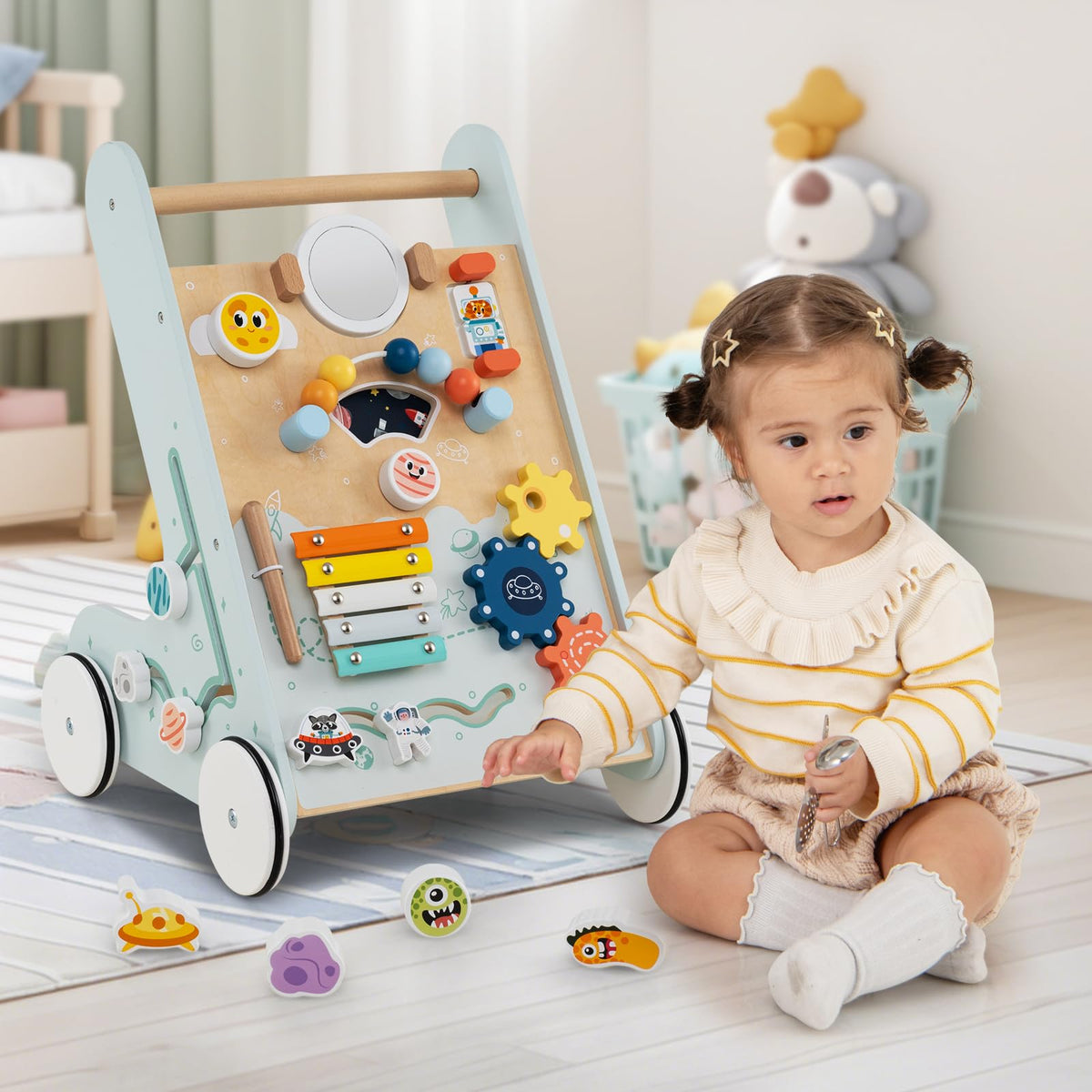 Wooden Baby Walker Push and Pull Learning Activity Center with Wheels Storage Green O86115