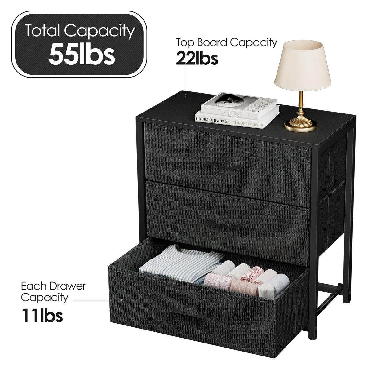 Black 3 Fabric Drawer Nightstand B358961