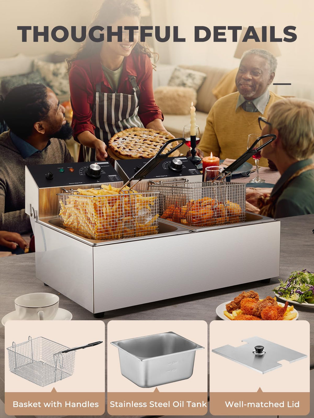 3400W 20.7QT Stainless Steel Electric Deep Fryer with 2 Removable Baskets K9296