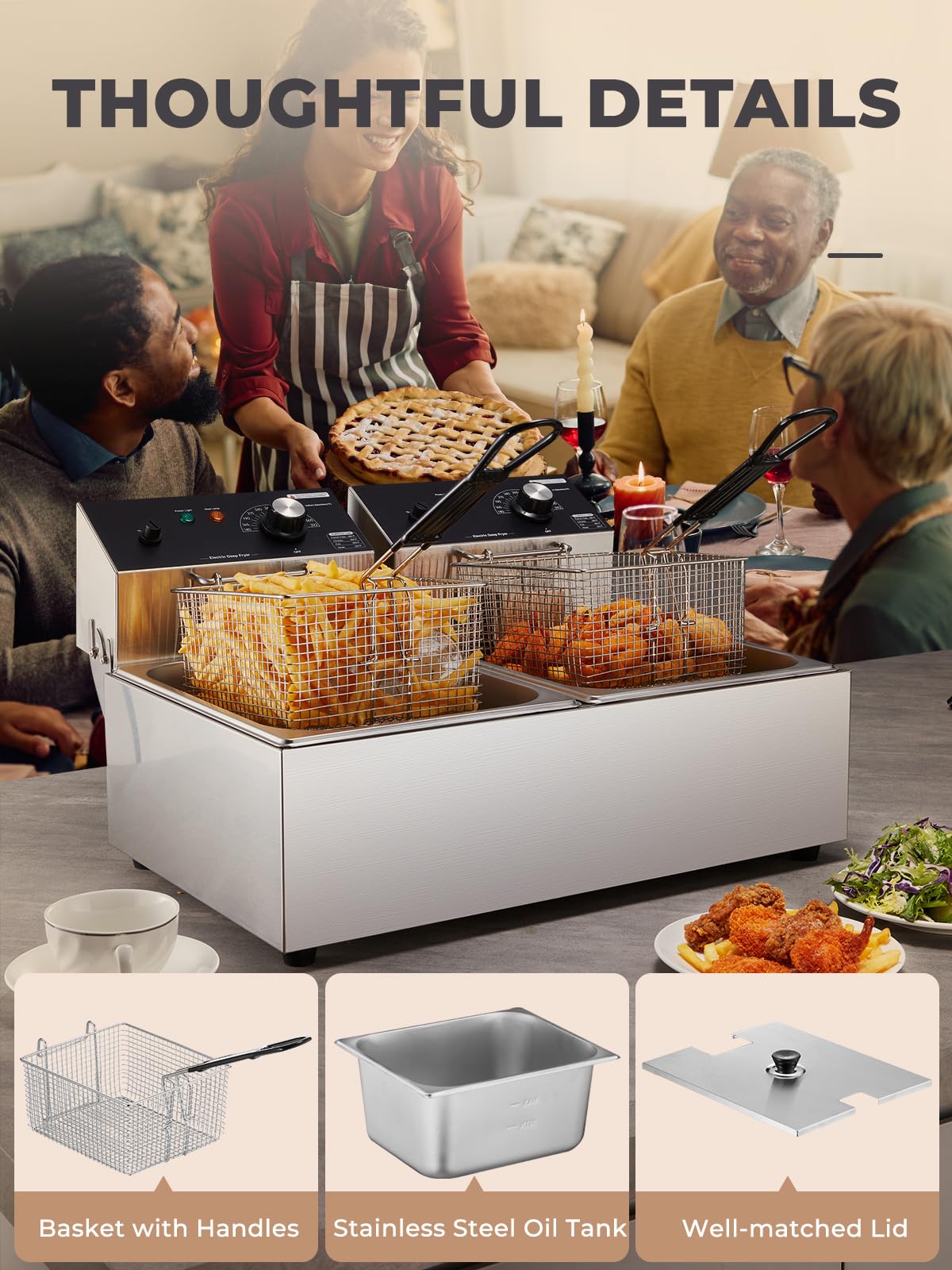 3400W 20.7QT Stainless Steel Electric Deep Fryer with 2 Removable Baskets K9296