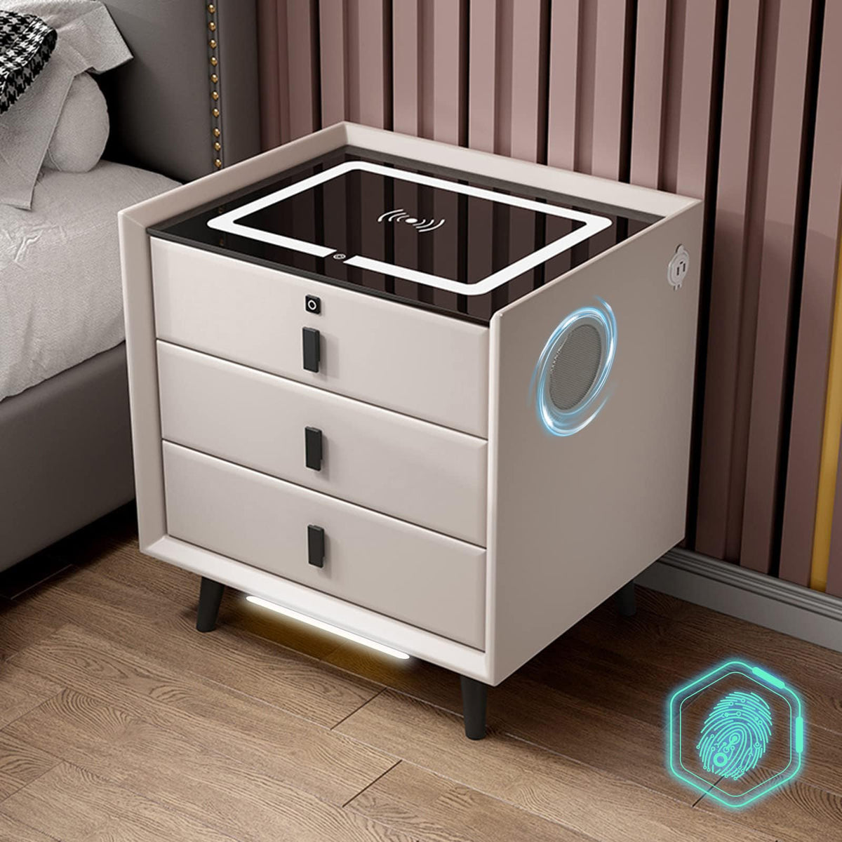 White Nightstand with Wireless Charging Station and Fingerprint Lock Drawer F32303