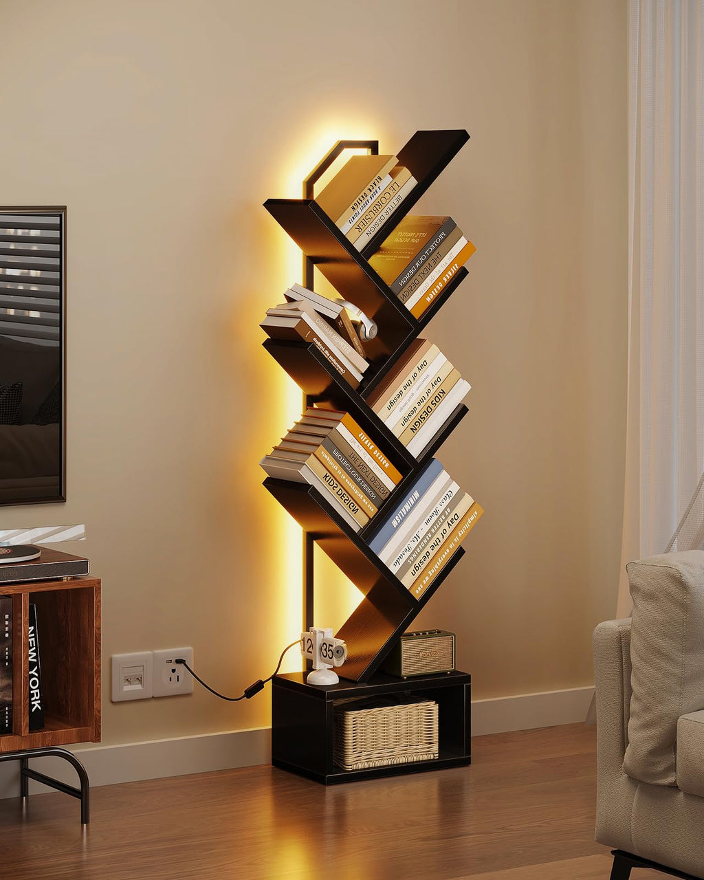 Black 6-Tier Tree Bookshelf with LED Lights H776