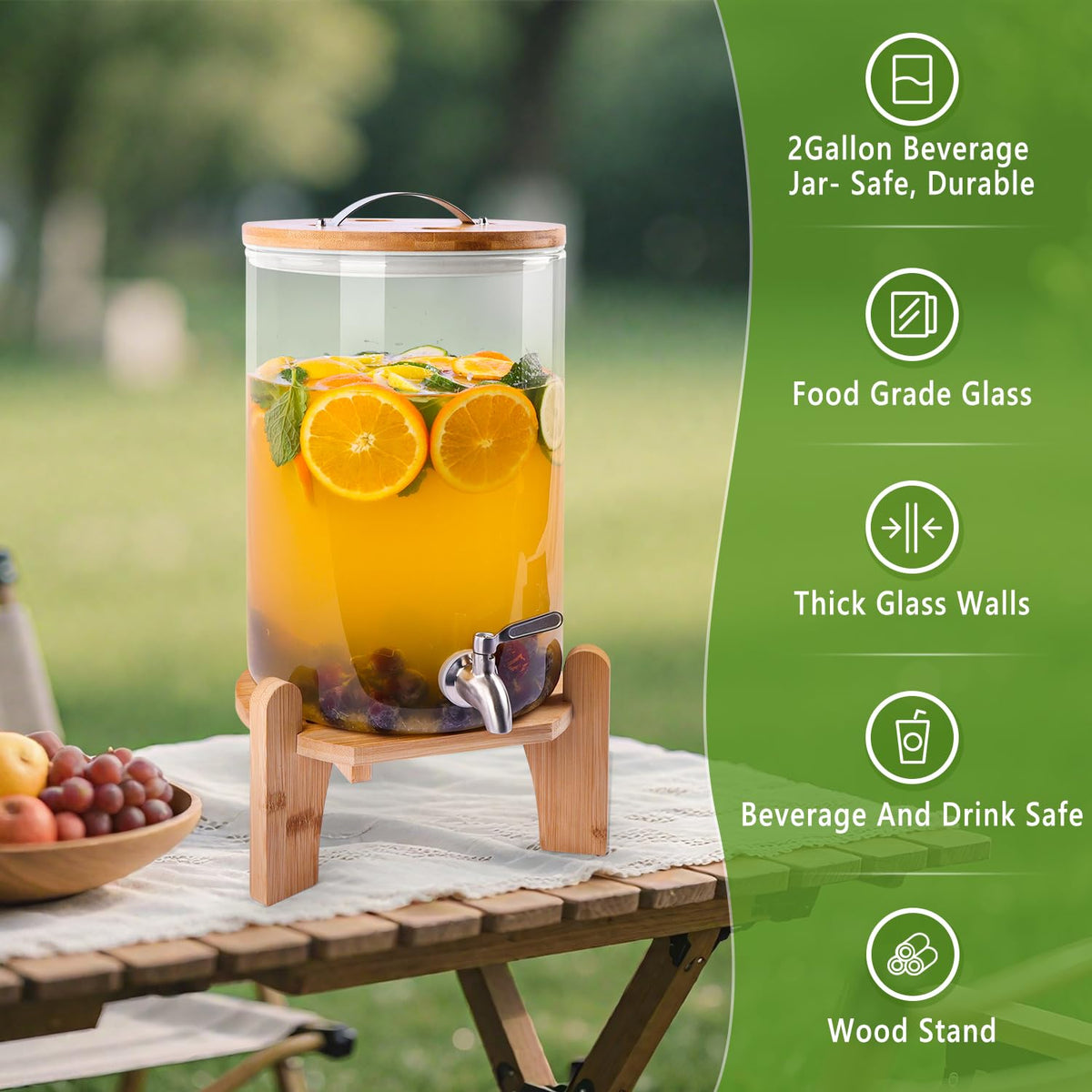 2 Gallon Glass Beverage Dispenser with Wood Stand and Stainless Steel Spigot T584