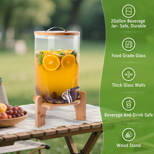 2 Gallon Glass Beverage Dispenser with Wood Stand and Stainless Steel Spigot T584