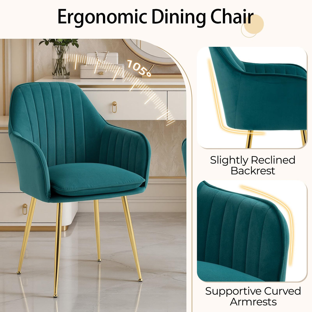 Velvet Accent Arm Chairs Set of 2 with Golden Legs C942254