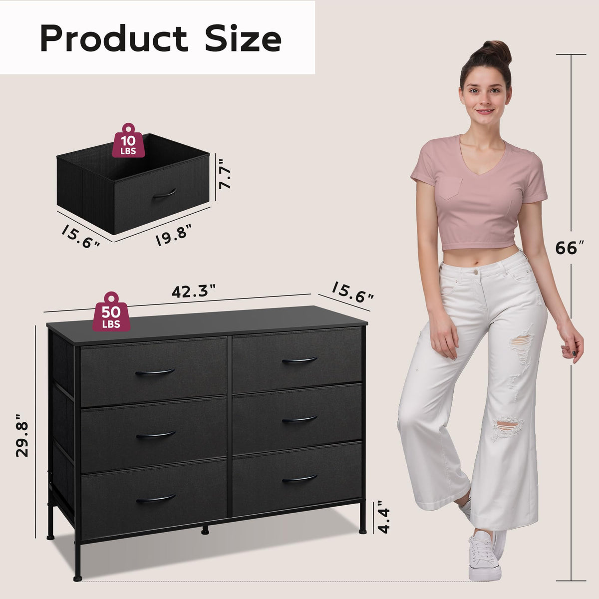 Black 6 Drawer Fabric Dresser D82049